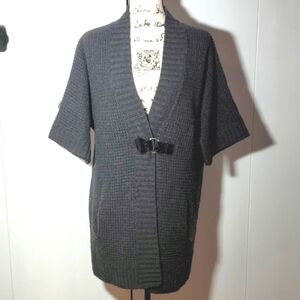 Cynthia Rowley- Black 100% Merino Wool Poncho/ Cape Knit Cardigan neutral Sz.1X
